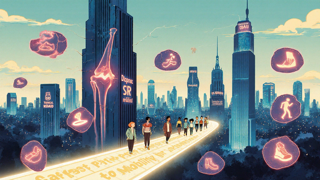 A futuristic city where unsafe painkiller towers fade as safer alternatives glow brightly alongside exercise icons.
