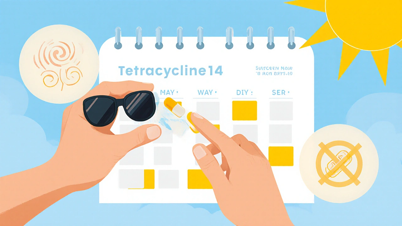 A person outdoors applying sunscreen while holding a tetracycline tablet, with a dosage calendar.