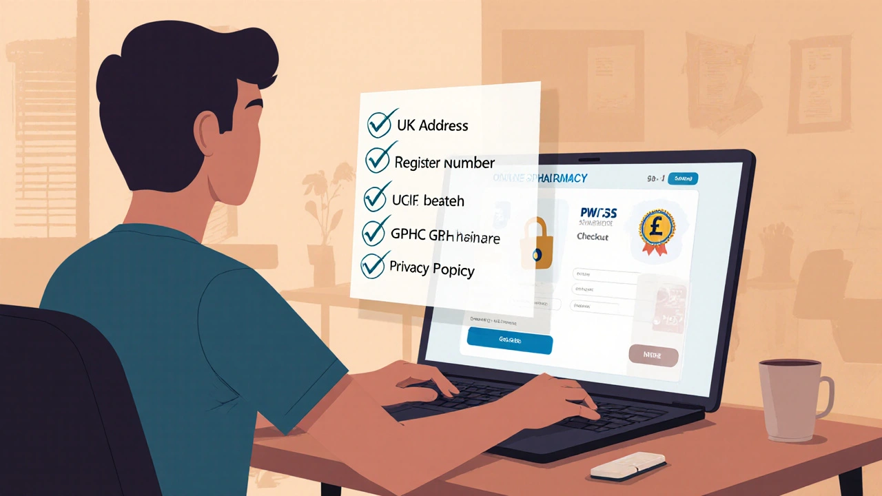 A person reviewing an online pharmacy website on a laptop with a safety checklist.