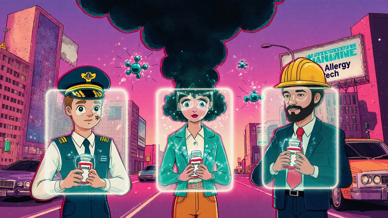 A pilot, teacher, and construction worker are protected by glowing shields from allergy symptoms in a 1970s-style city.