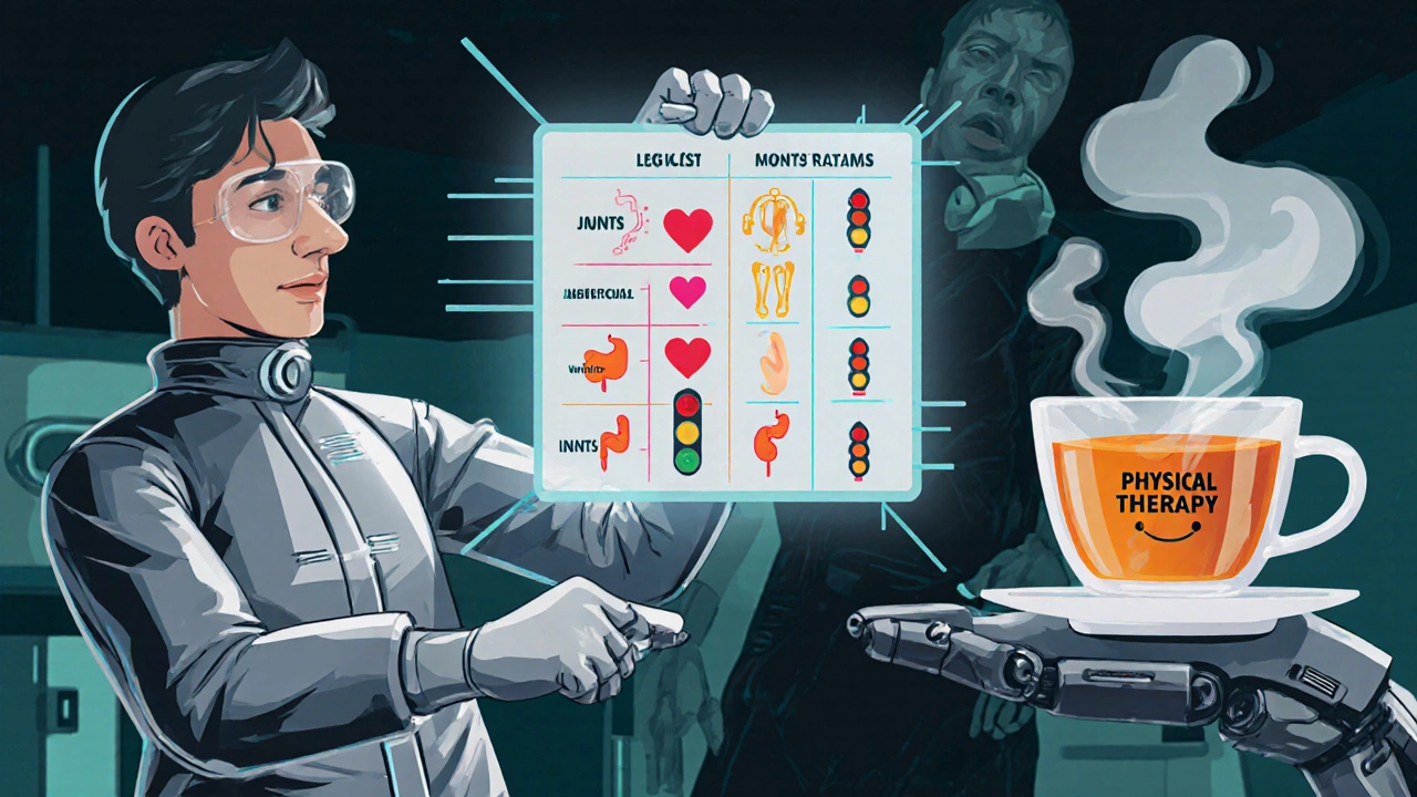 A retro-futuristic lab with a holographic pain relief comparison table and a patient using topical gel.