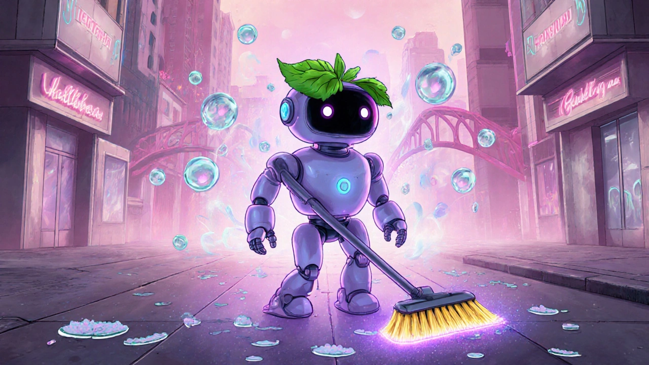 A retro-futuristic robot cleans a glowing skin surface with a soft vacuum, emitting a calming aura.