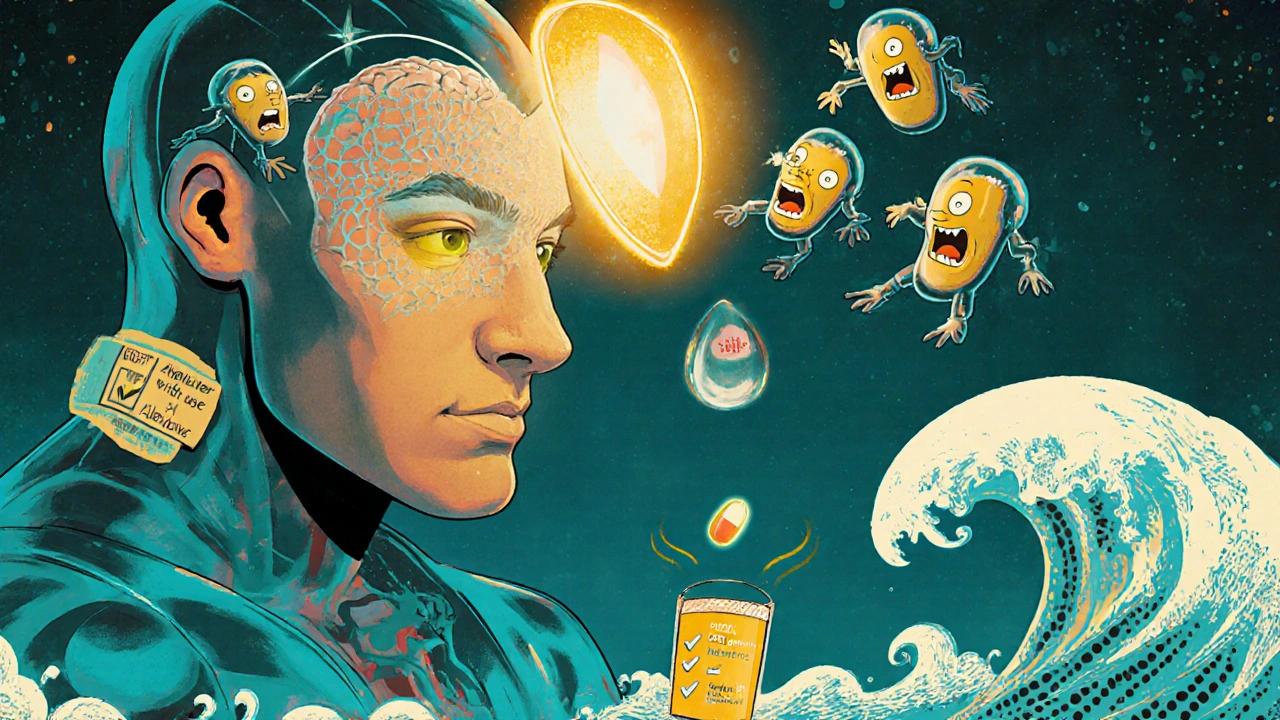 A transparent human head blocks histamine monsters with pills, while water protects Allegra from orange juice.