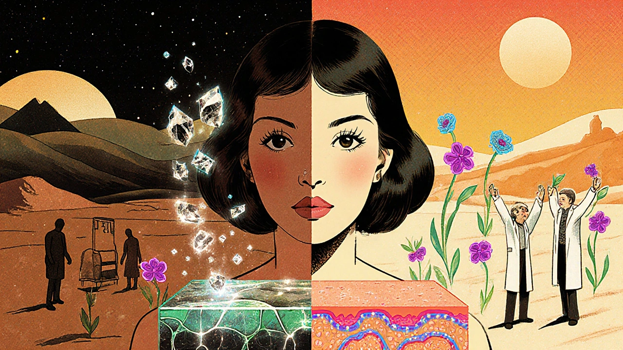 A woman&#039;s translucent skin reveals a radiant inner landscape where allantoin crystals repair barriers with glowing cells.