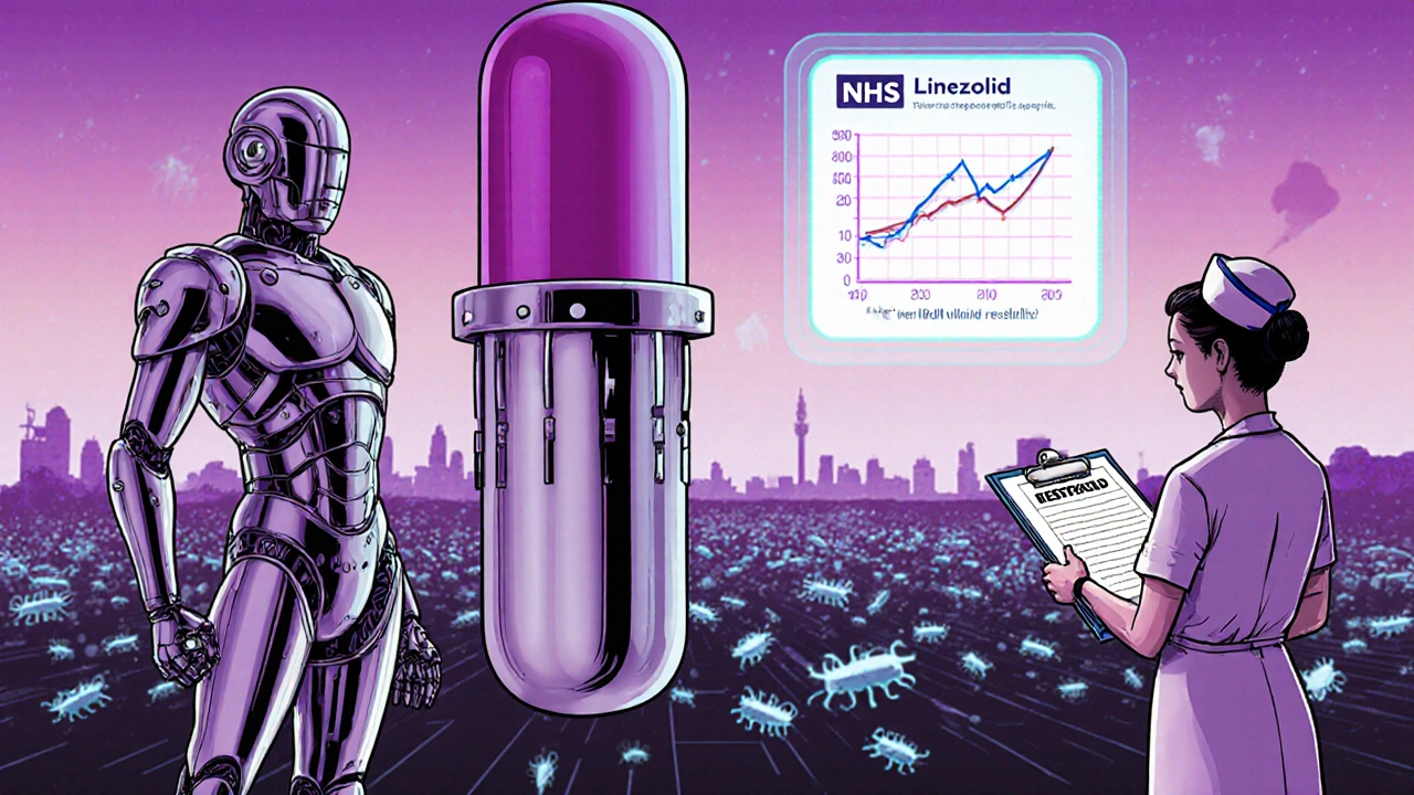 Armored tedizolid tablet stands beside weary linezolid pill, overlooking a digital resistance battlefield with NHS access warning.