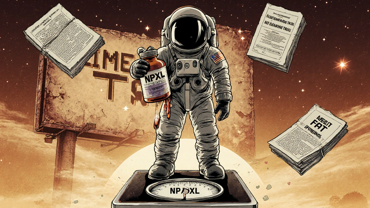 Astronaut on a scale with a broken NPXL bottle while scientific journals float nearby in a retro-futuristic landscape.