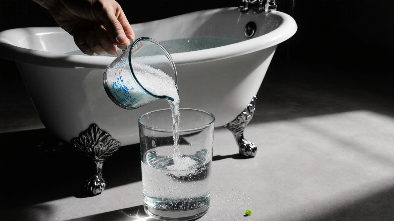 Bathroom scene of tub, hand adding Epsom salt, and a glass of water.