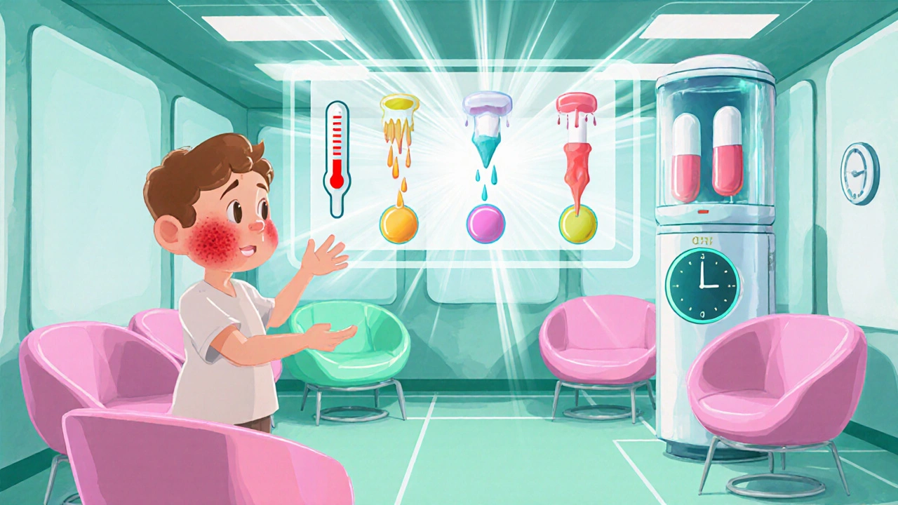 Cartoon clinic showing sinus infection symptoms and a visual comparison of antibiotic capsules.