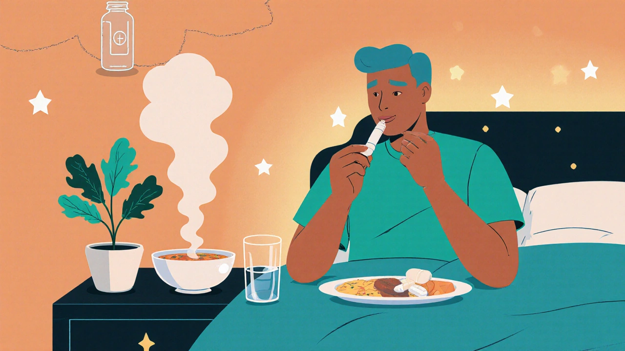 Cozy bedroom scene with a person taking medication, drinking water, and using steam and nasal care.