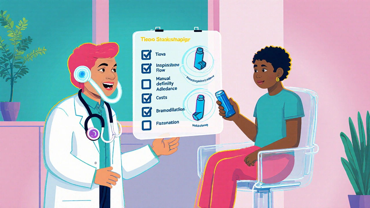 Doctor and patient reviewing a holographic checklist of inhaler selection criteria.