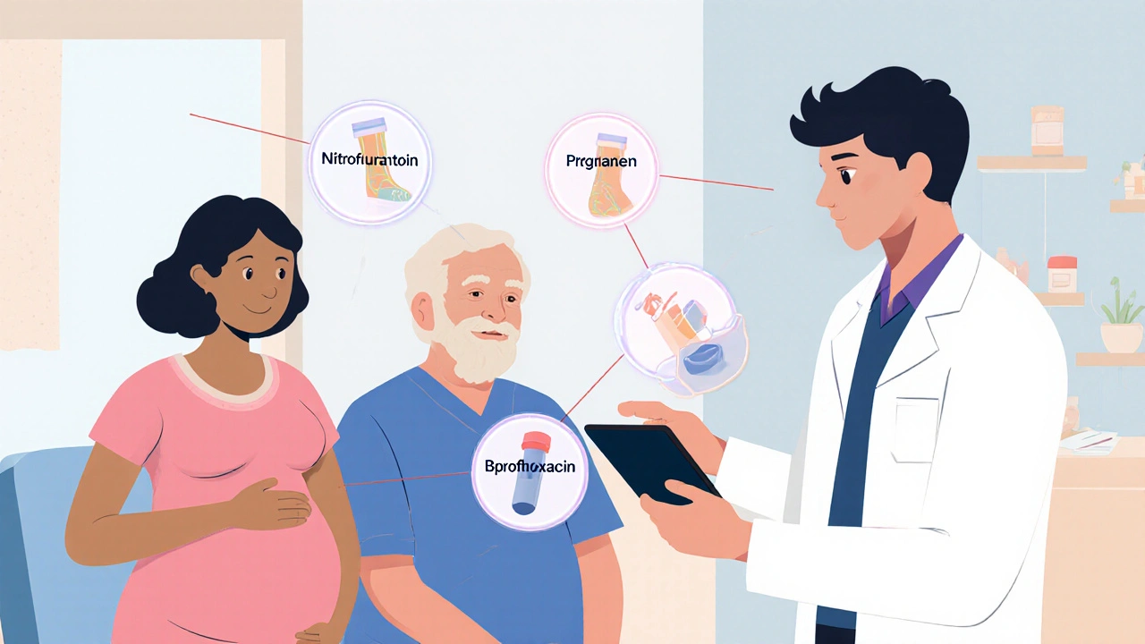 Doctor consulting pregnant, elderly, and immunocompromised patients with antibiotic icons.