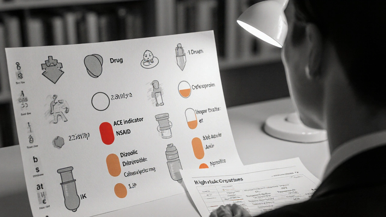 Doctor reviewing medication list with highlighted drug interaction risks.