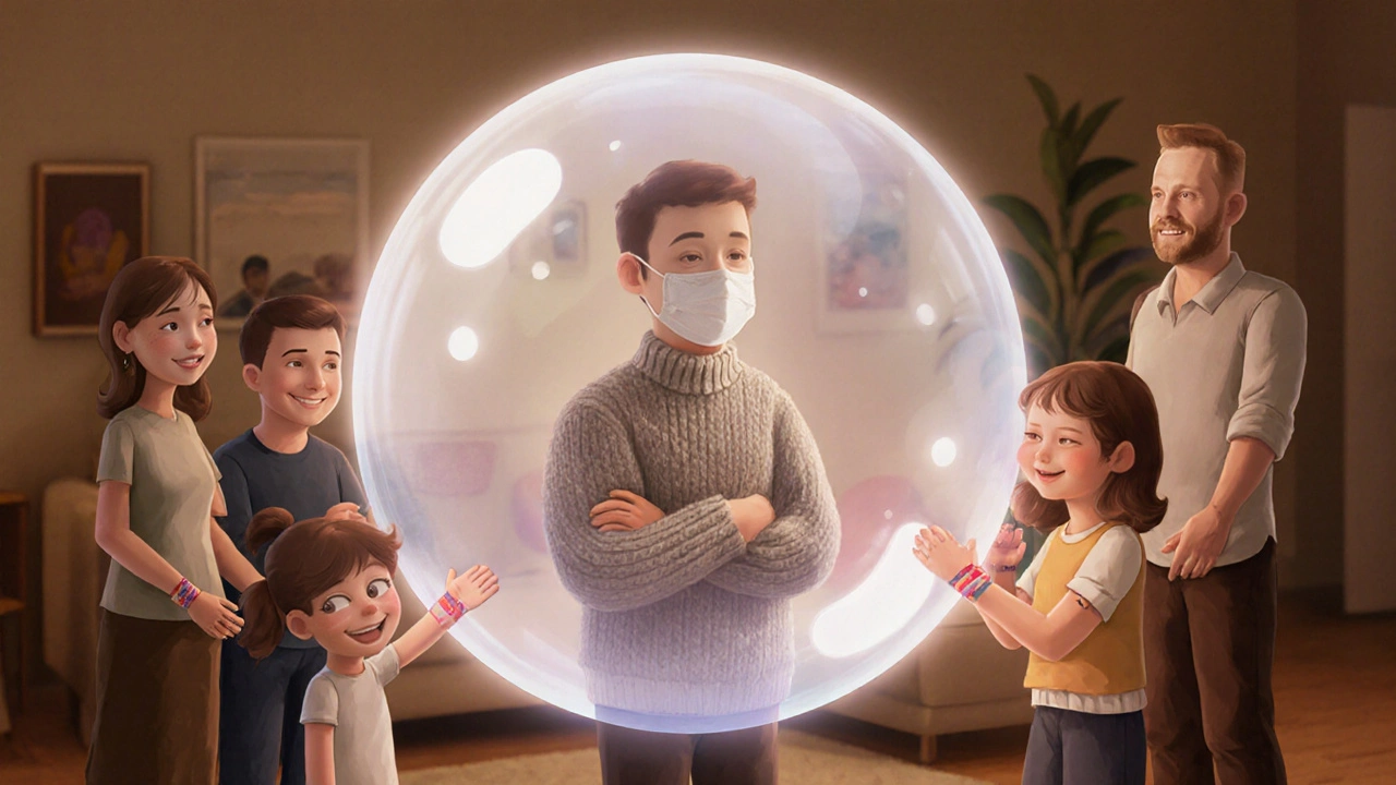 Family members vaccinated forming a protective bubble around an immunocompromised person.