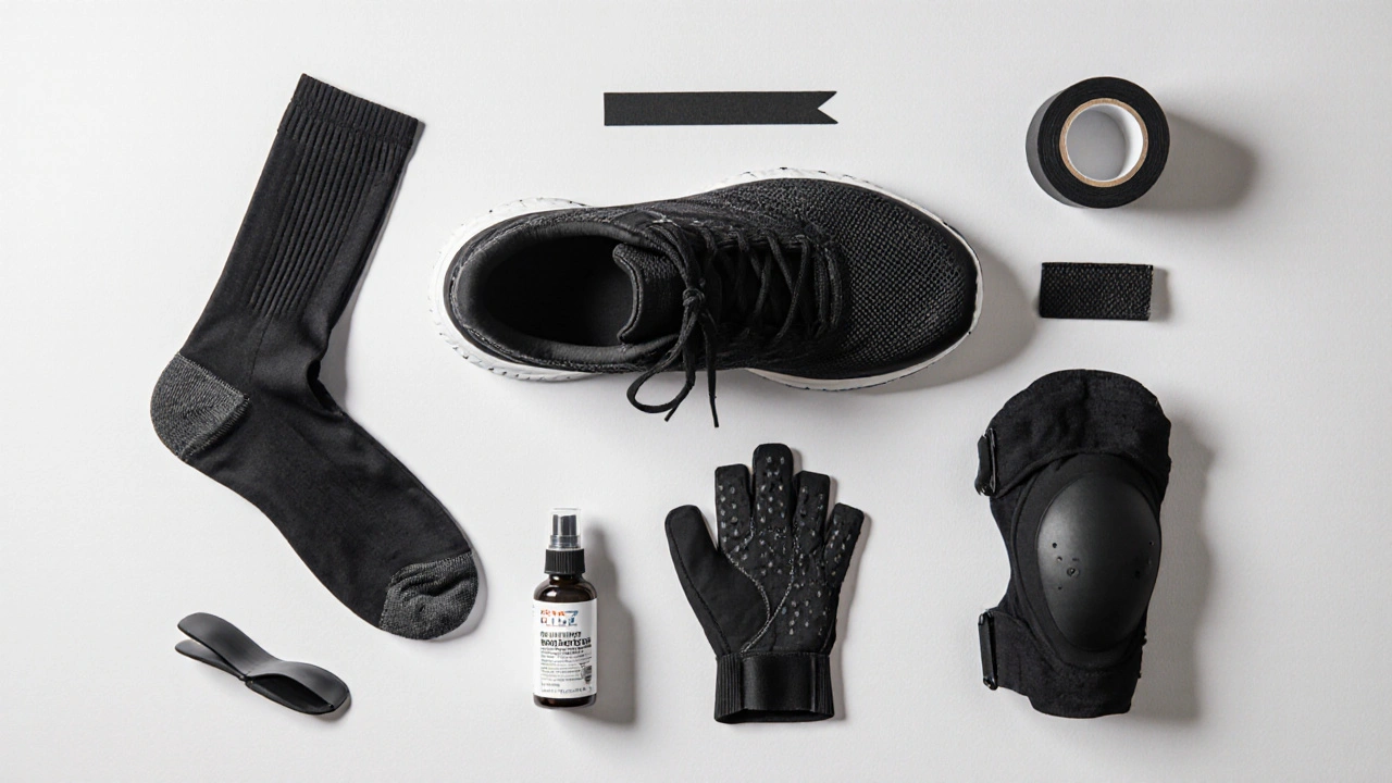 Flat‑lay of compression socks, mesh shoes, grip glove, knee pad, grip tape, and moisturizer bottle.