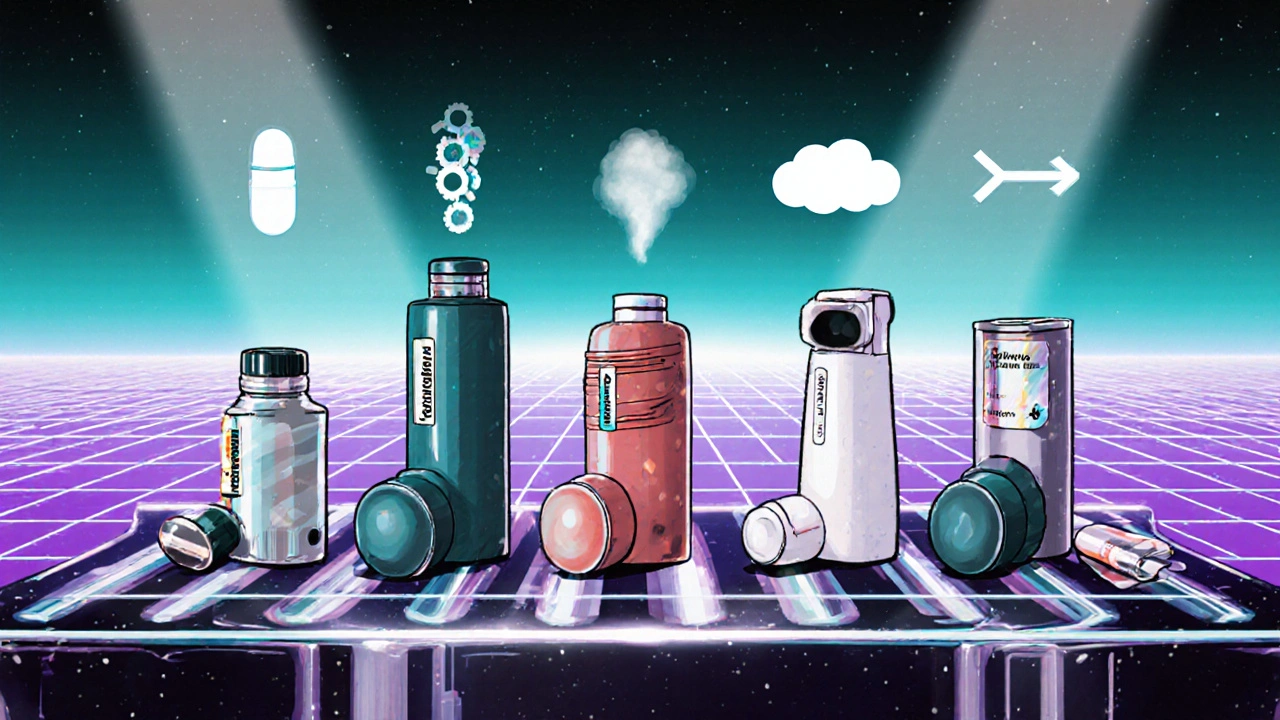 Four inhaler devices displayed side by side with icons showing their unique features.