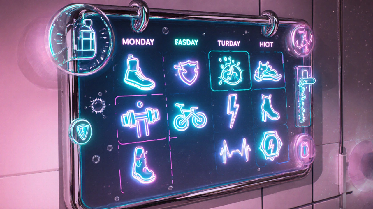 Futuristic calendar showing weekly exercise icons with water, foot, and health symbols.