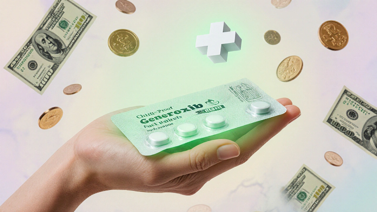Hand holding sealed celecoxib blister pack surrounded by floating coins indicating savings.
