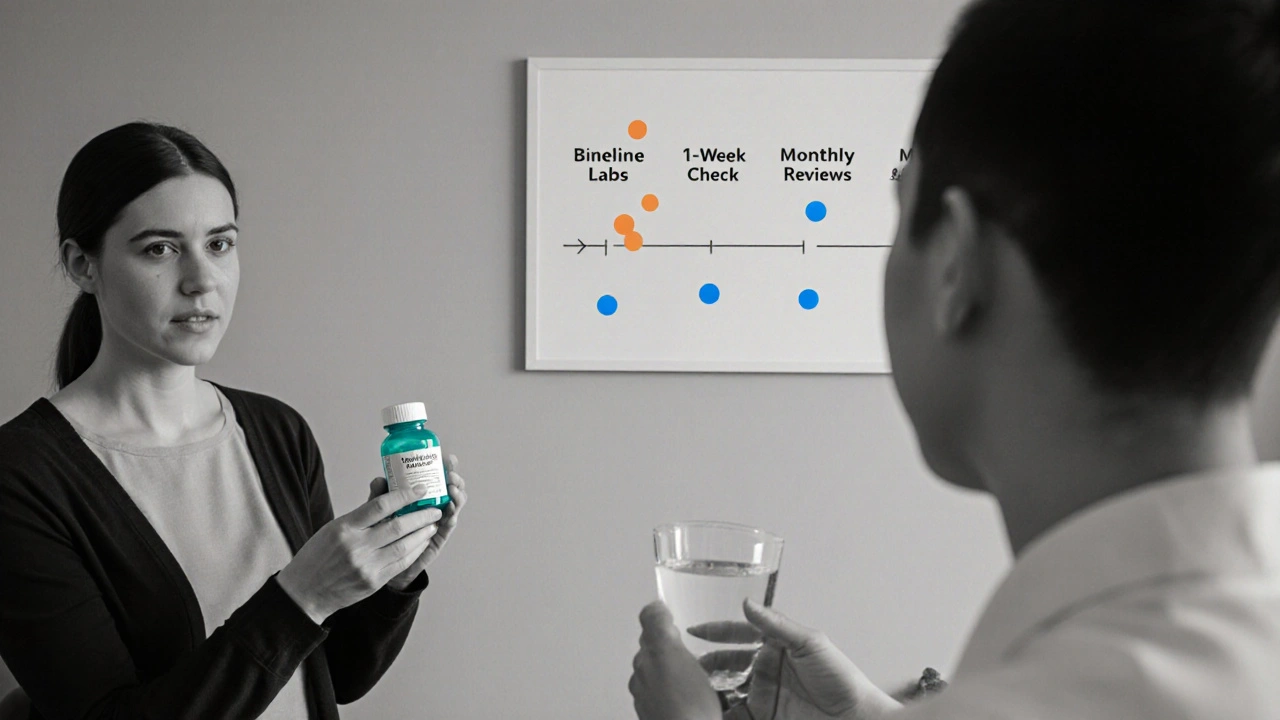 Healthcare provider counseling patient about amiloride monitoring.