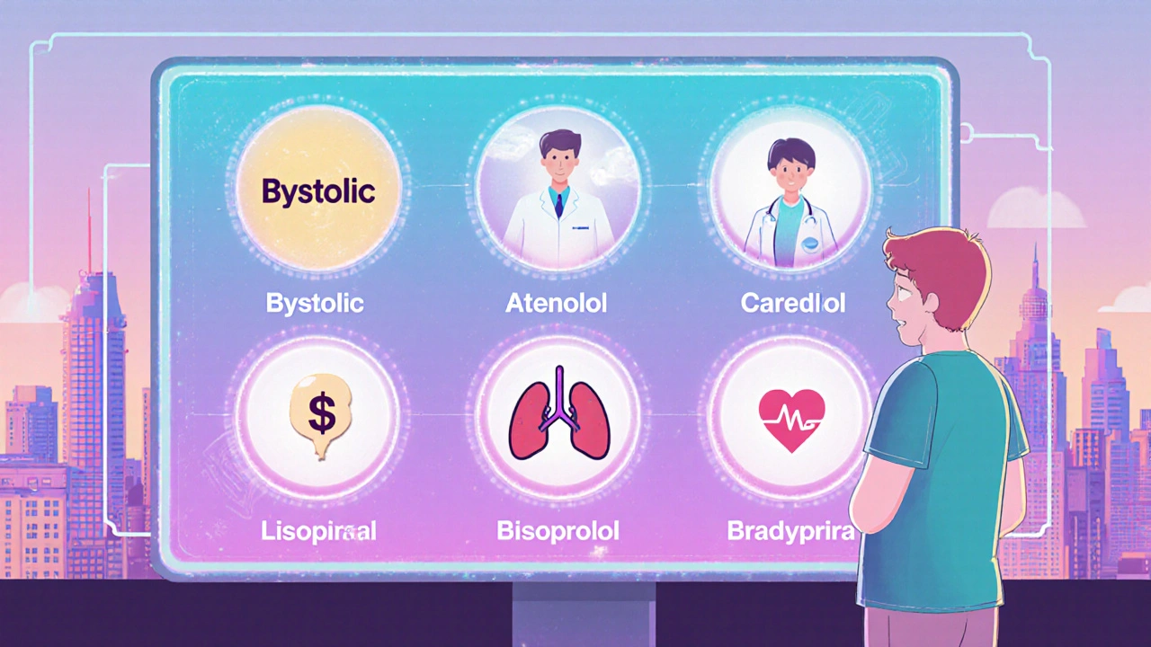 Holographic control board with floating med icons and condition symbols guiding a patient’s choice.