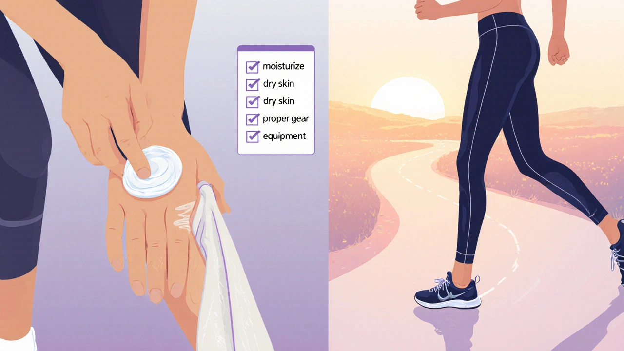 Illustration of an athlete applying moisturizer, wiping sweat, and checking a protection checklist.