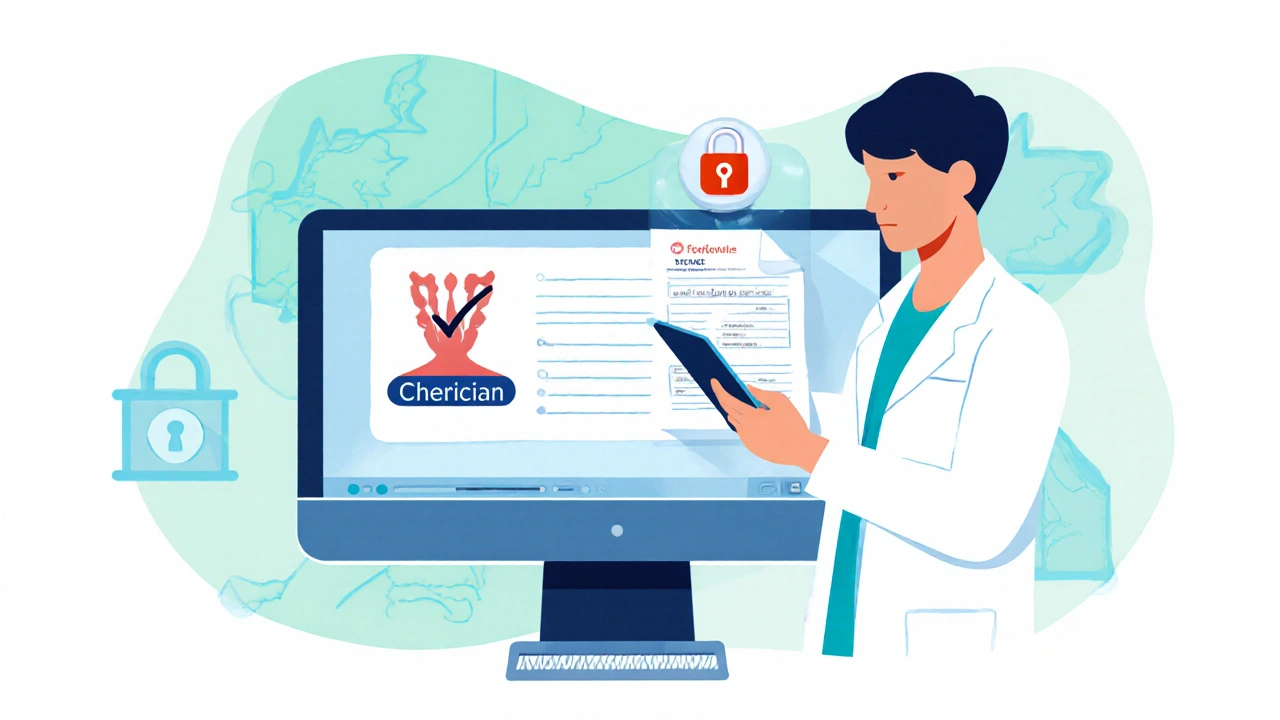 Illustration of pharmacist reviewing prescription on tablet with secure registration badge and HTTPS lock.
