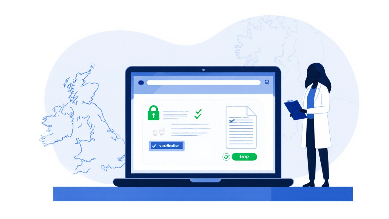 Laptop screen with secure website, upload icon, and checklist, pharmacist silhouette nearby.