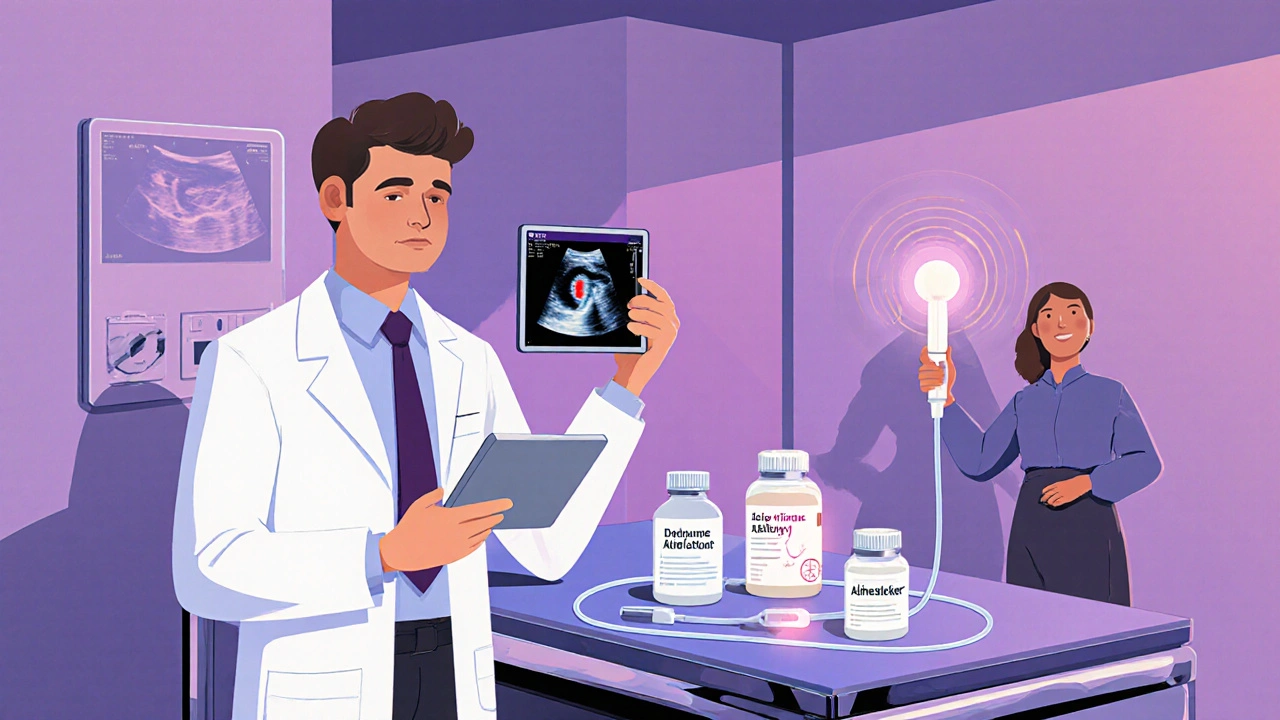 Obstetrician showing bladder ultrasound, catheter, medication, and therapist demonstration.