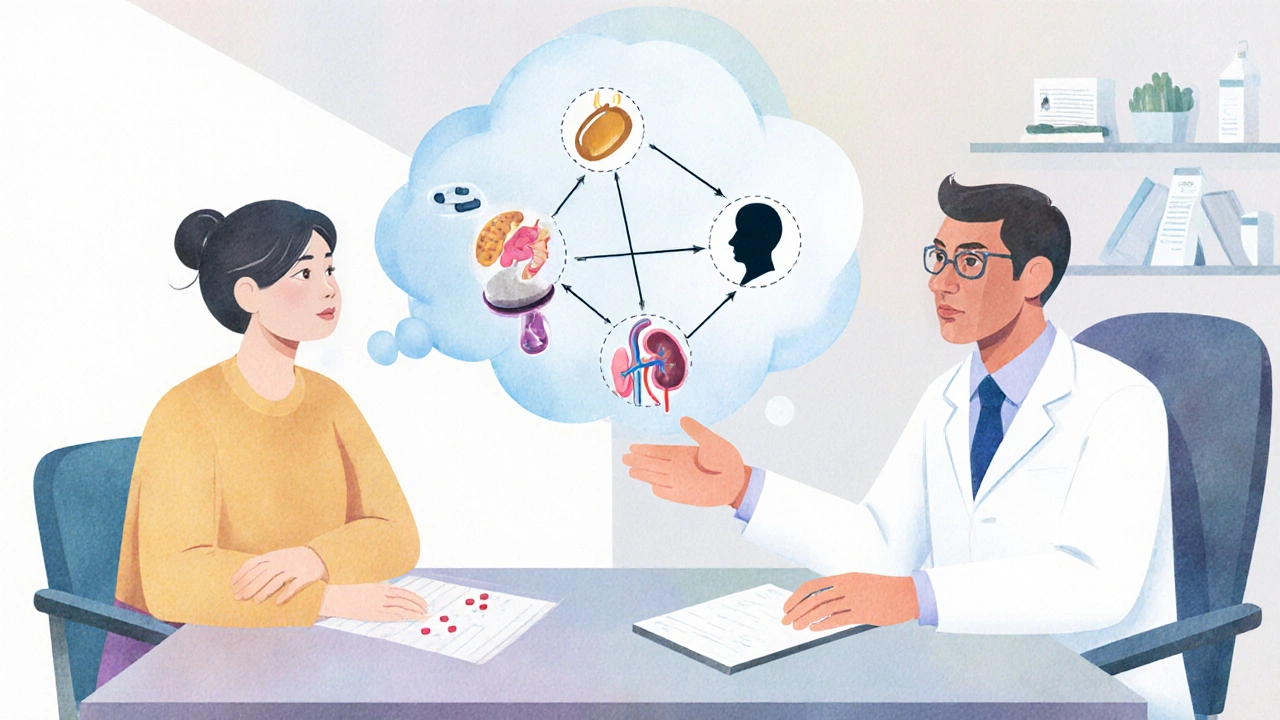 Patient and doctor discussing medication options with a floating decision diagram.