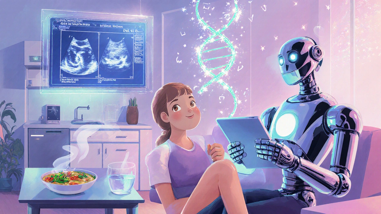Patient consulting a friendly robot doctor with diet icons and a floating DNA helix in a pastel room.
