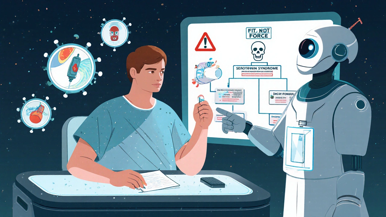 Patient in space-age gown holds pill as animated antibiotic icons float around, with a &#039;Fit, Not Force&#039; decision tree on the wall.