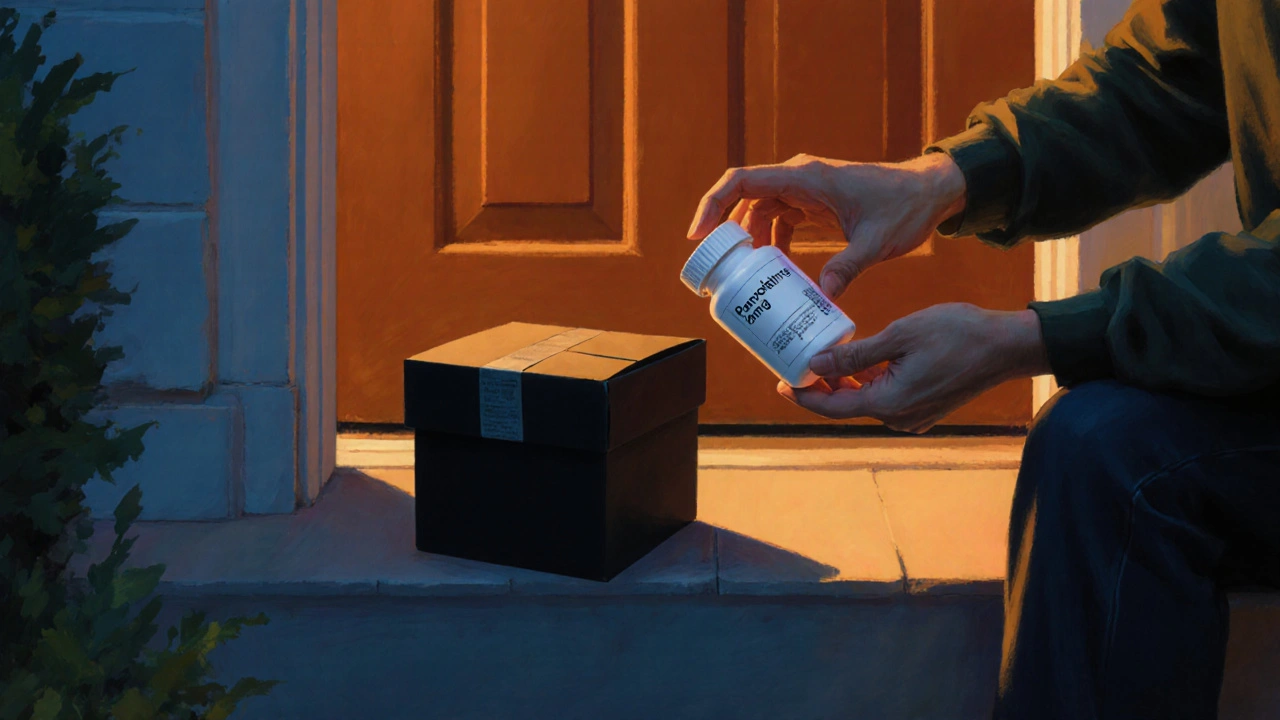 Person opening a discreet delivery box, revealing a sealed pill bottle and checking label.