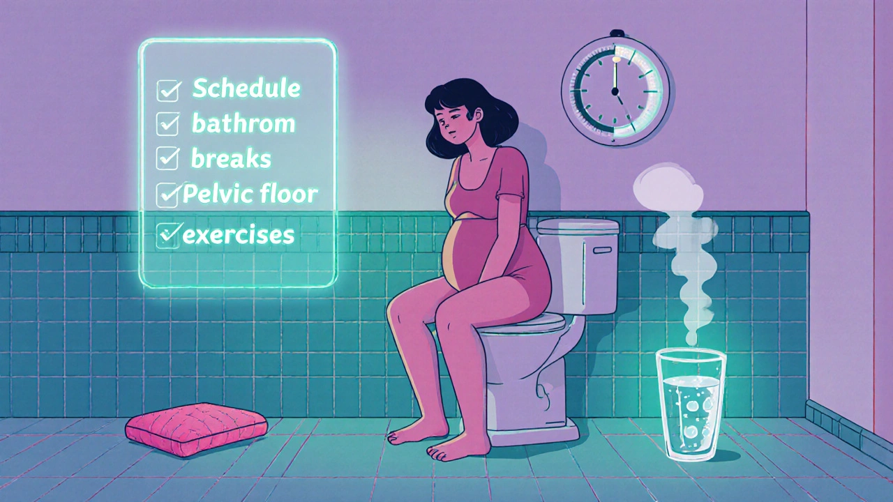 Pregnant woman practicing self‑care: leaning forward, warm compress, water glass, holographic tips.
