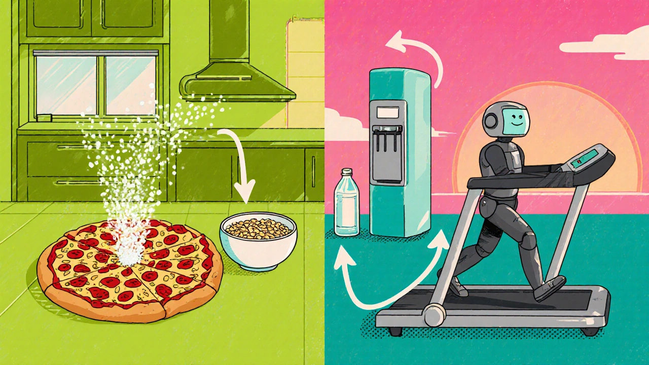 Retro‑futuristic kitchen‑gym scene with salty pizza, oats, water, and a treadmill robot.