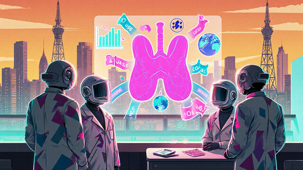 Retro‑futuristic lab with scientists around a holographic thyroid displaying hazard ratio data.