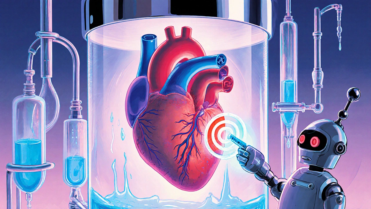 Retro robot doctor showing a heart with dual red and cyan glows for beta‑blockade and nitric‑oxide.