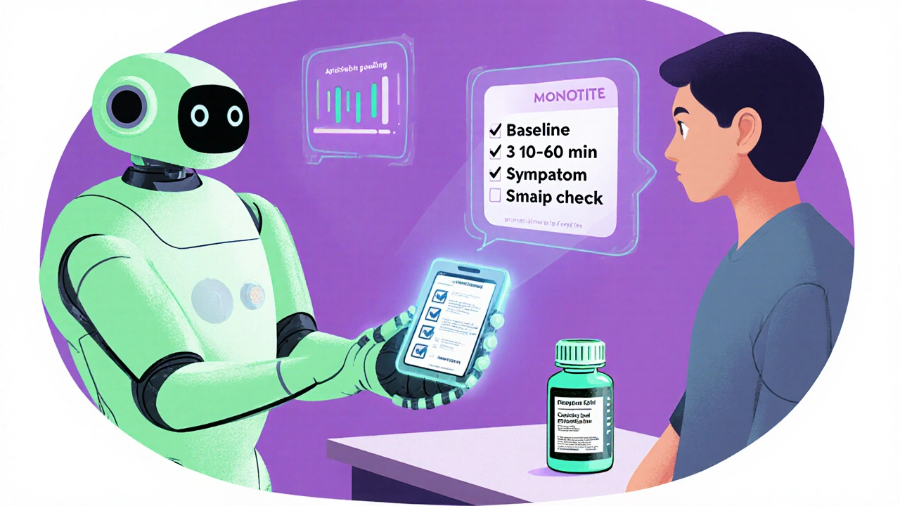 Robot helps patient record blood pressure after antihistamine, noting combo medicine effect.
