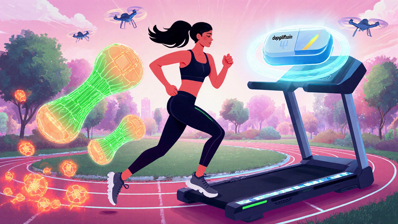 Runner with glowing glucose being drawn into muscles, tablet icon nearby.