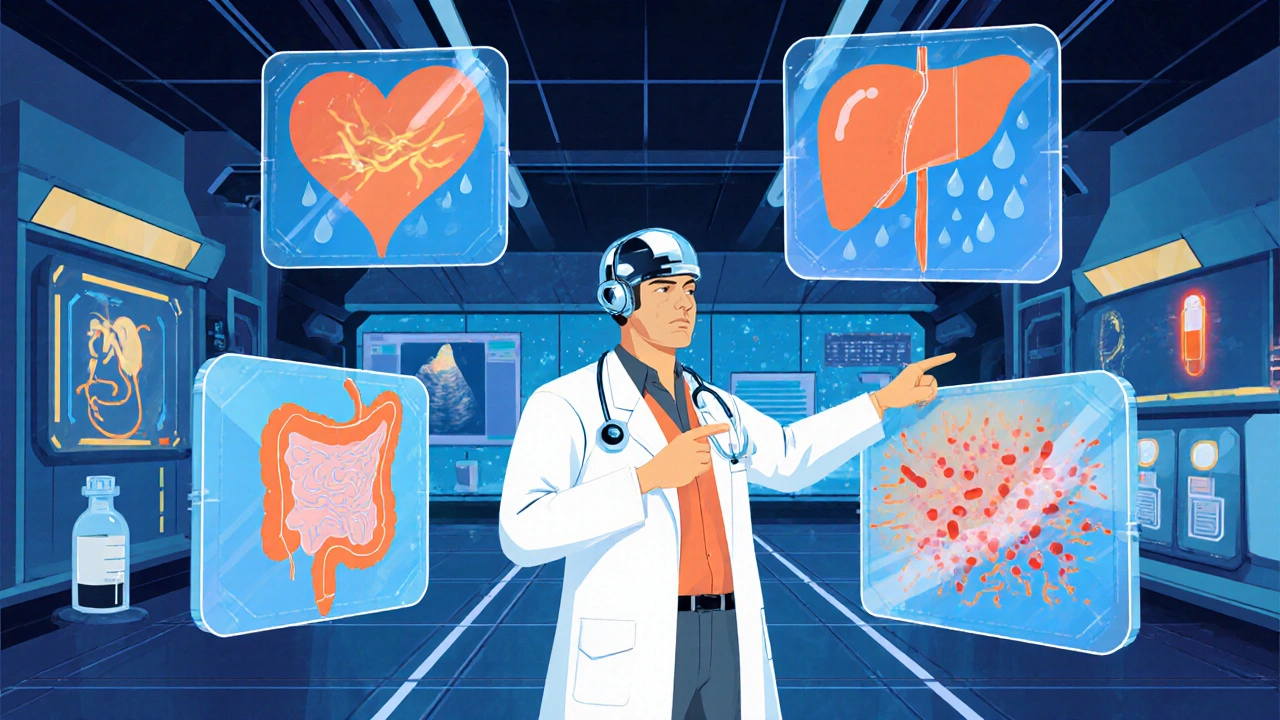 Sci‑fi medical hub showing holographic icons for heart failure, liver cirrhosis, IBS, and SIBO.