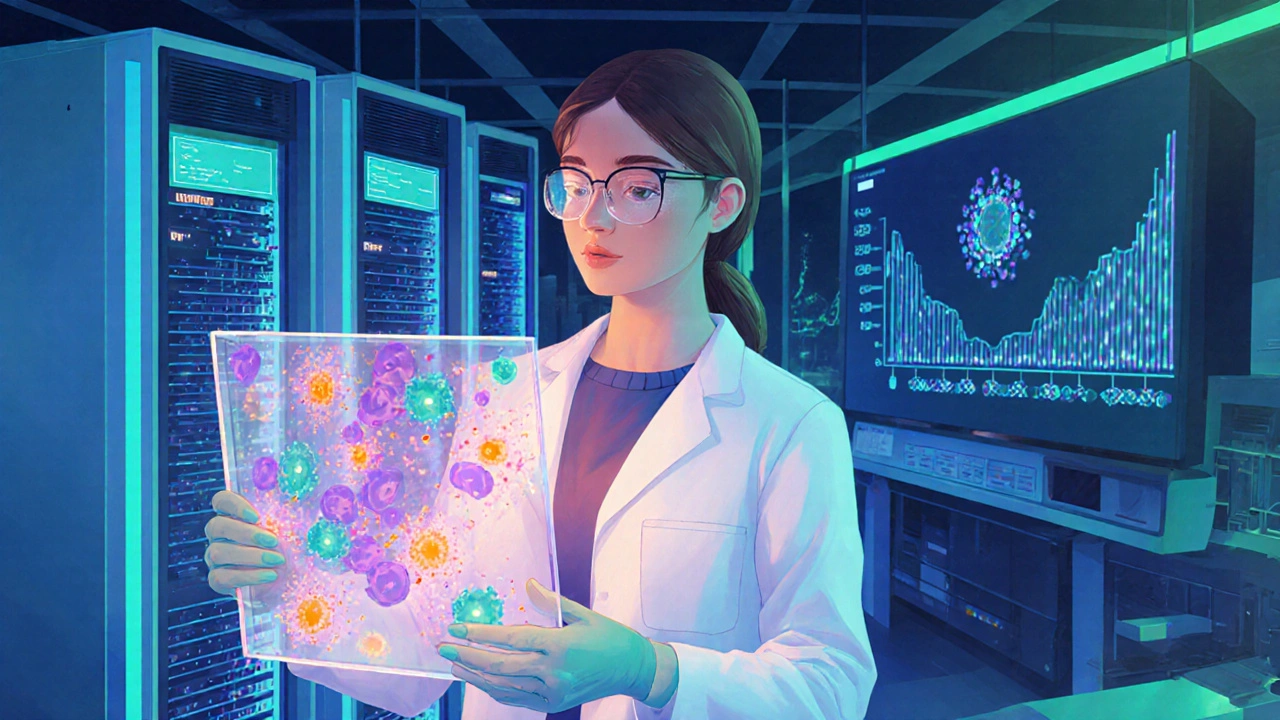 Scientist examines breast cancer cells highlighted with HER2, ER, and BRCA markers in lab.