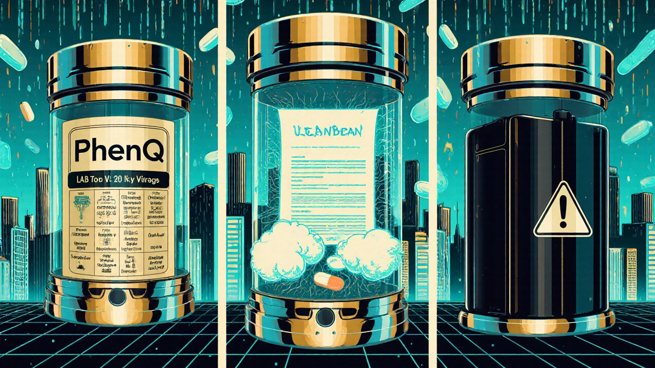 Side-by-side comparison of three supplement dispensers: PhenQ with visible doses, Leanbean with fiber clouds, and NPXL as a sealed black box.