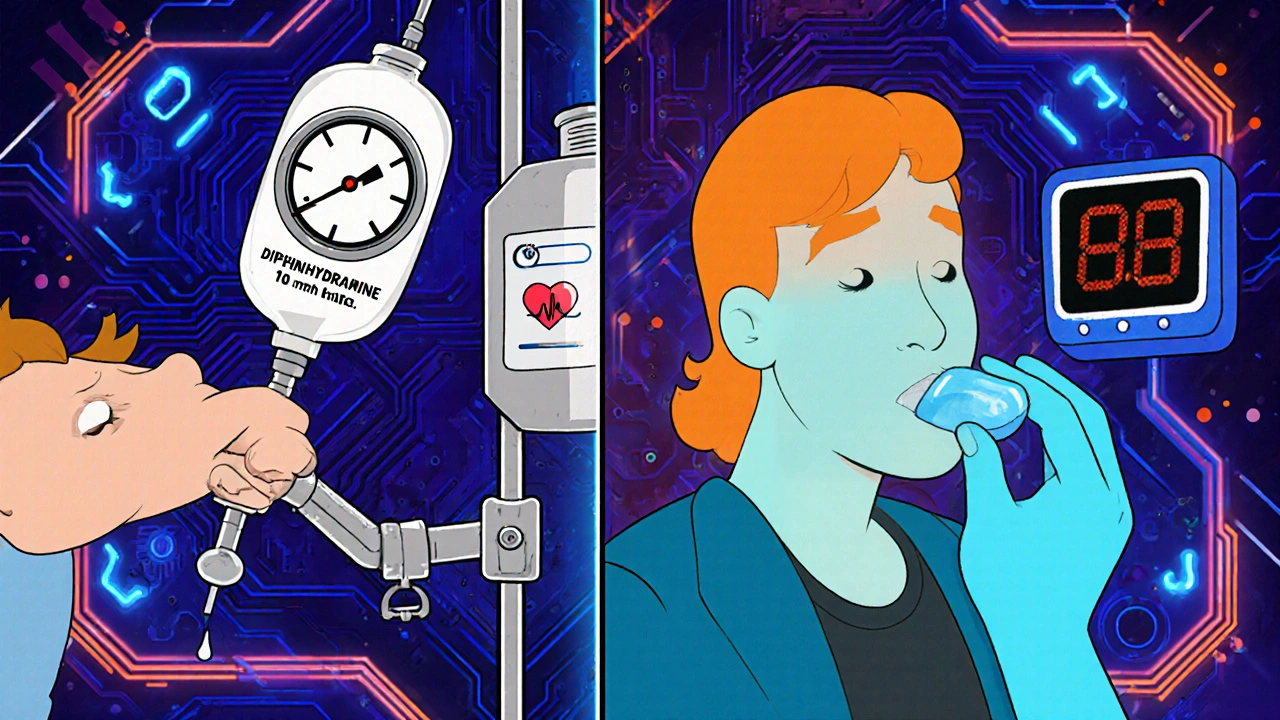 Side‑by‑side view of diphenhydramine IV causing pressure drop vs loratadine tablet with no change.