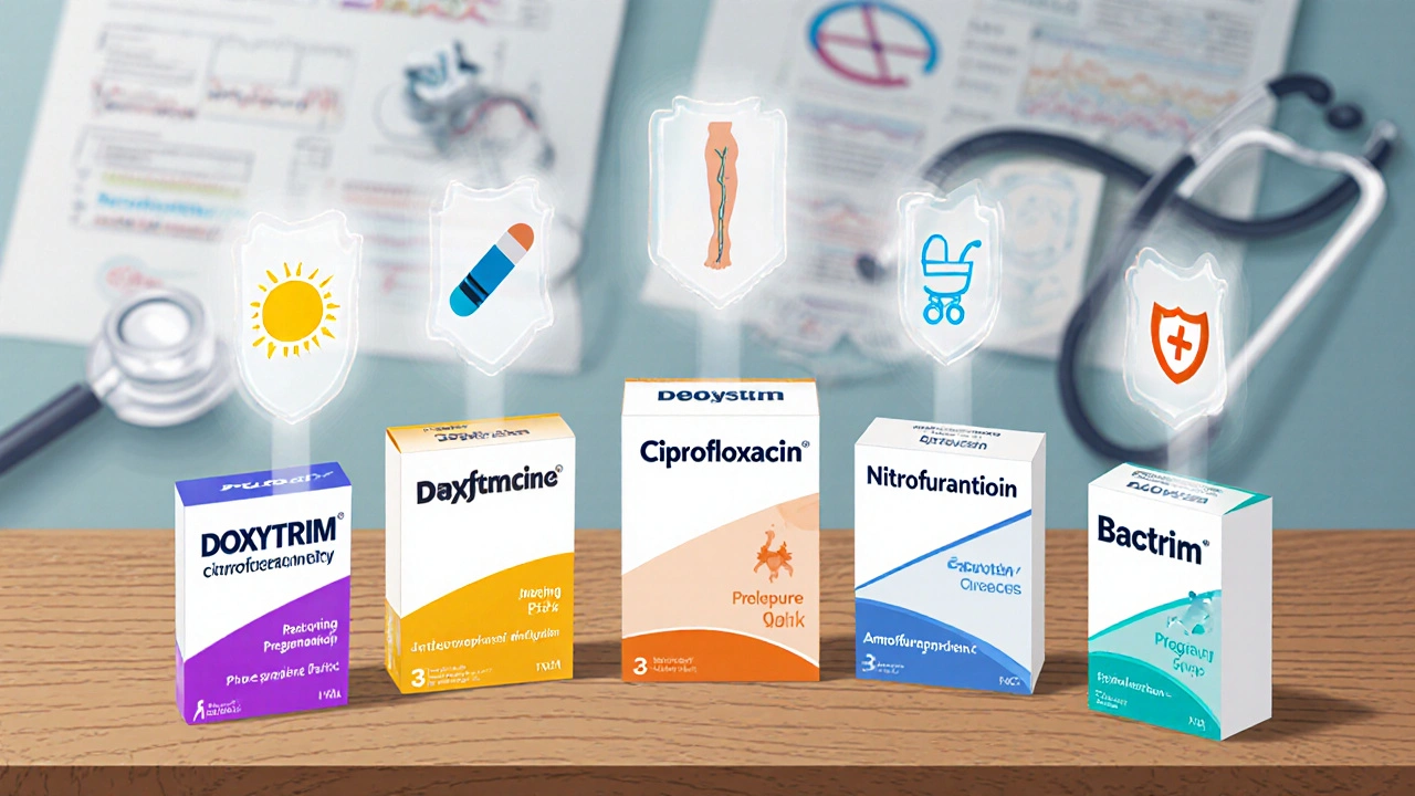 Six antibiotic boxes with side‑effect icons arranged on a desk.