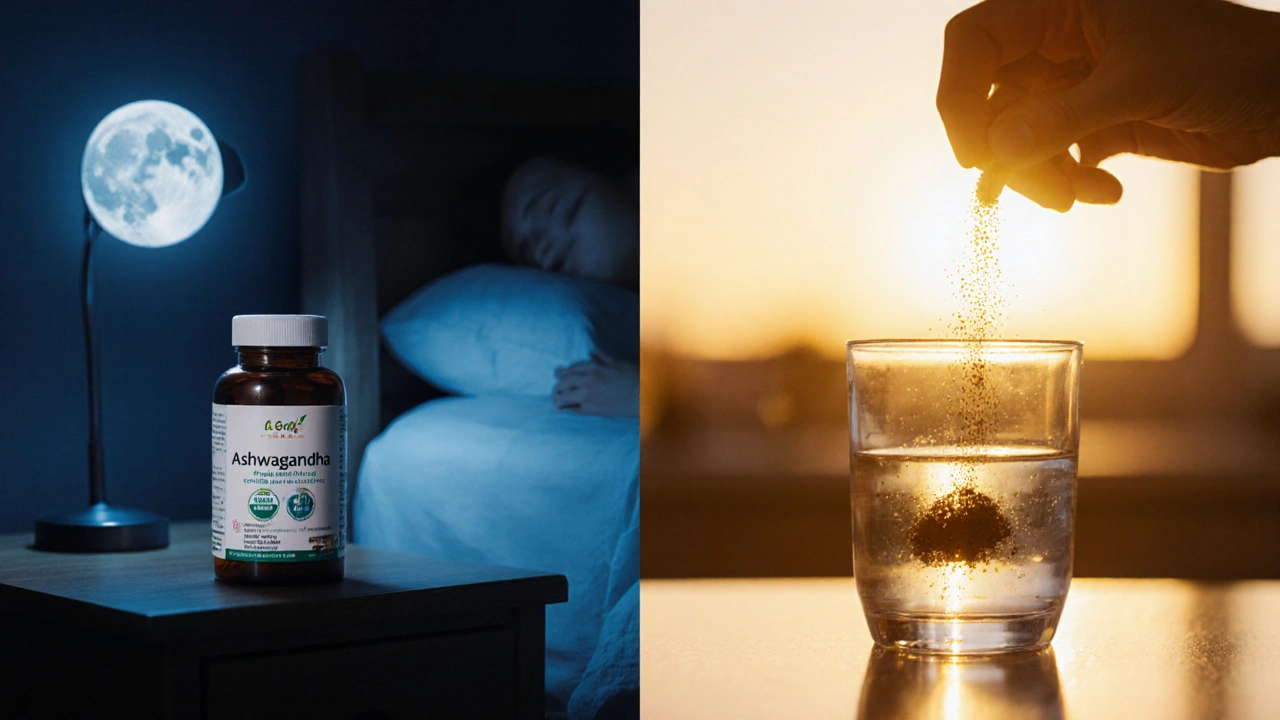 Split scene showing Ashwagandha at night and Rhodiola in the morning for balanced energy.