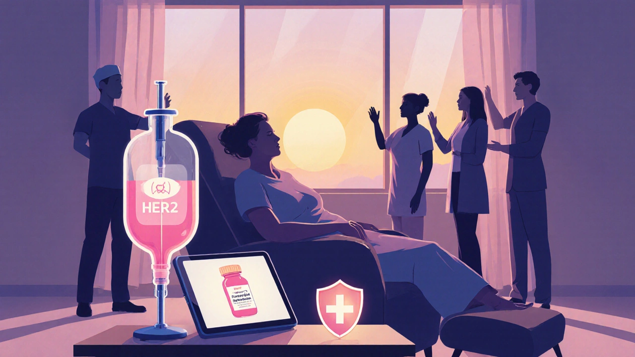 Survivor receives infusion and sees supportive care team in hopeful sunrise setting.
