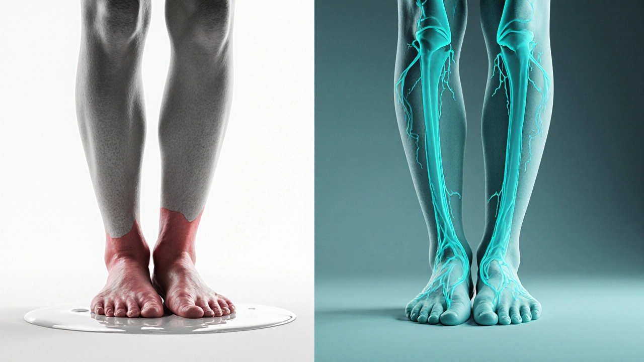 Swollen ankle transitioning to smooth leg, showing reduced edema.