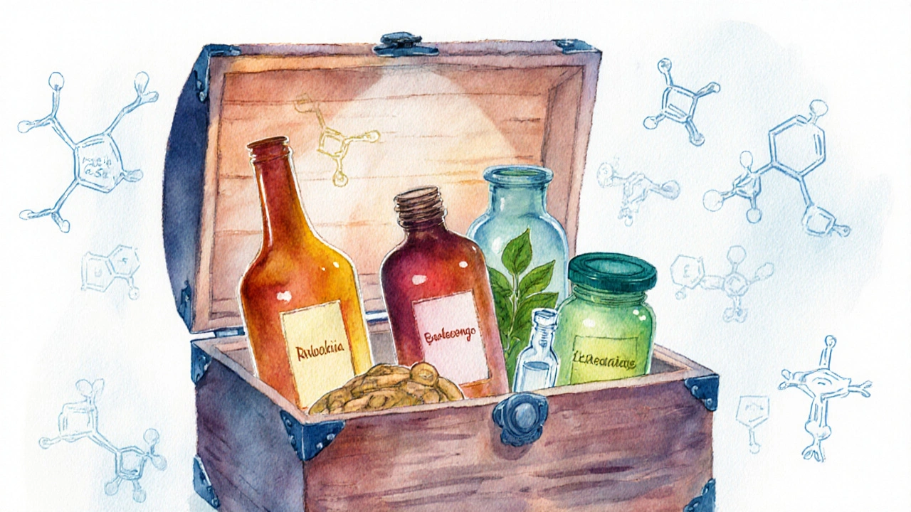 Watercolor herbal toolbox with bottles for Rhodiola, ginseng, Bacopa, holy basil, and L‑theanine.