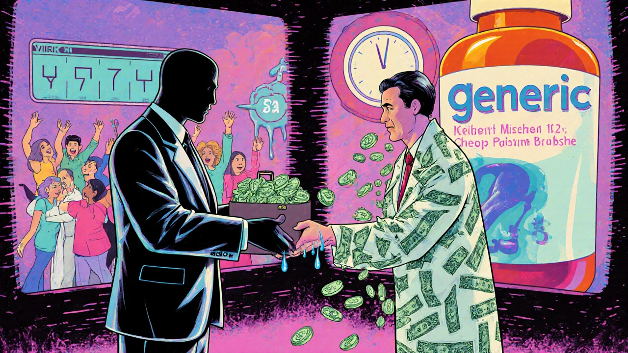 A corporate executive bribes a generic CEO with cash as branded drugs cry coins, with patients celebrating cheap meds on one side and a 27-month clock on the other.