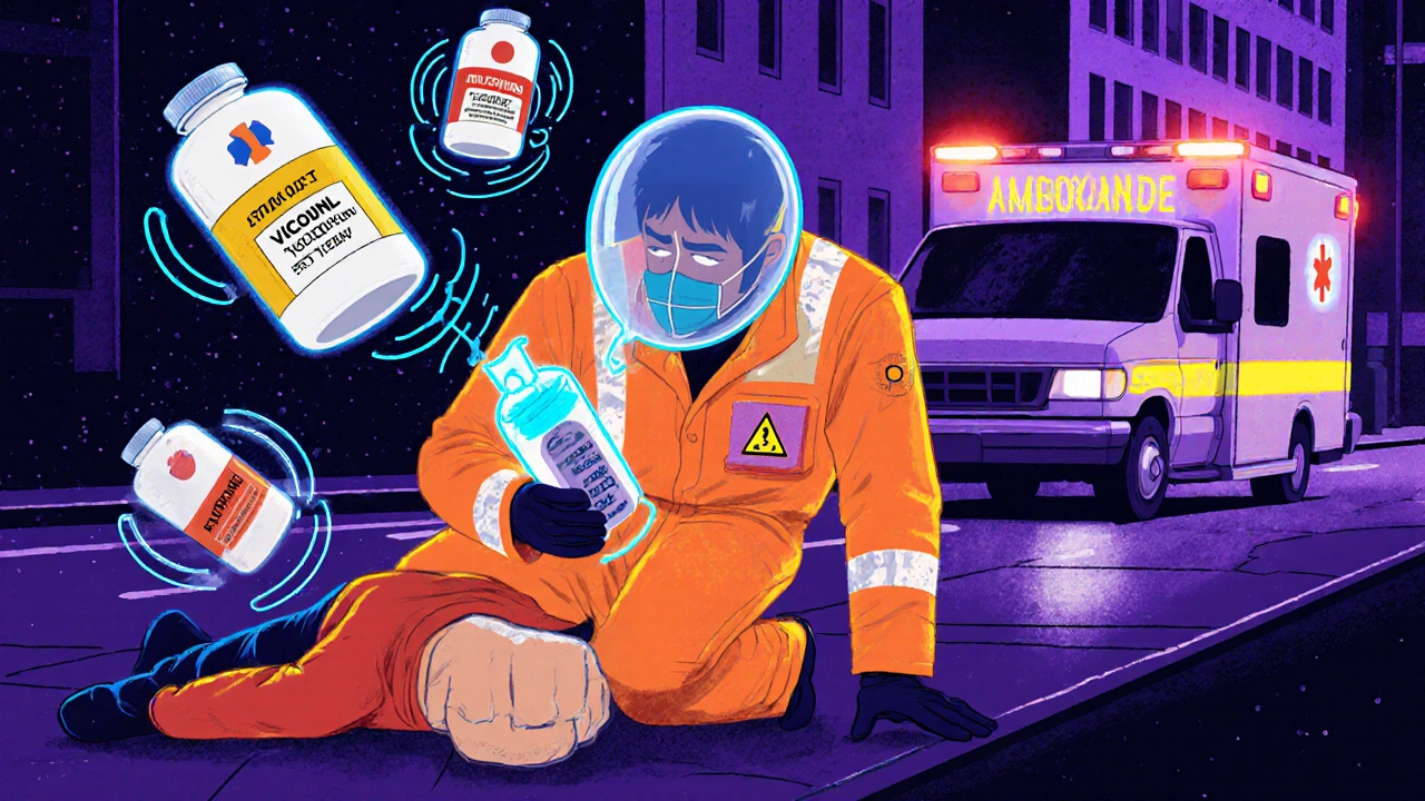 A first responder uses a glowing nasal injector on an overdosing person amid spinning pill asteroids and an approaching ambulance.