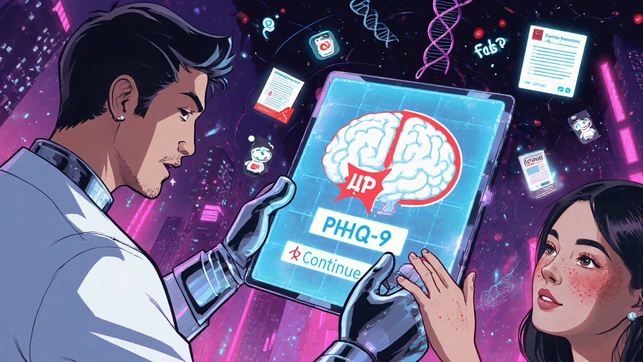 A futuristic doctor shows a holographic brain with warning zones, while a patient faces a choice between stopping or continuing treatment.