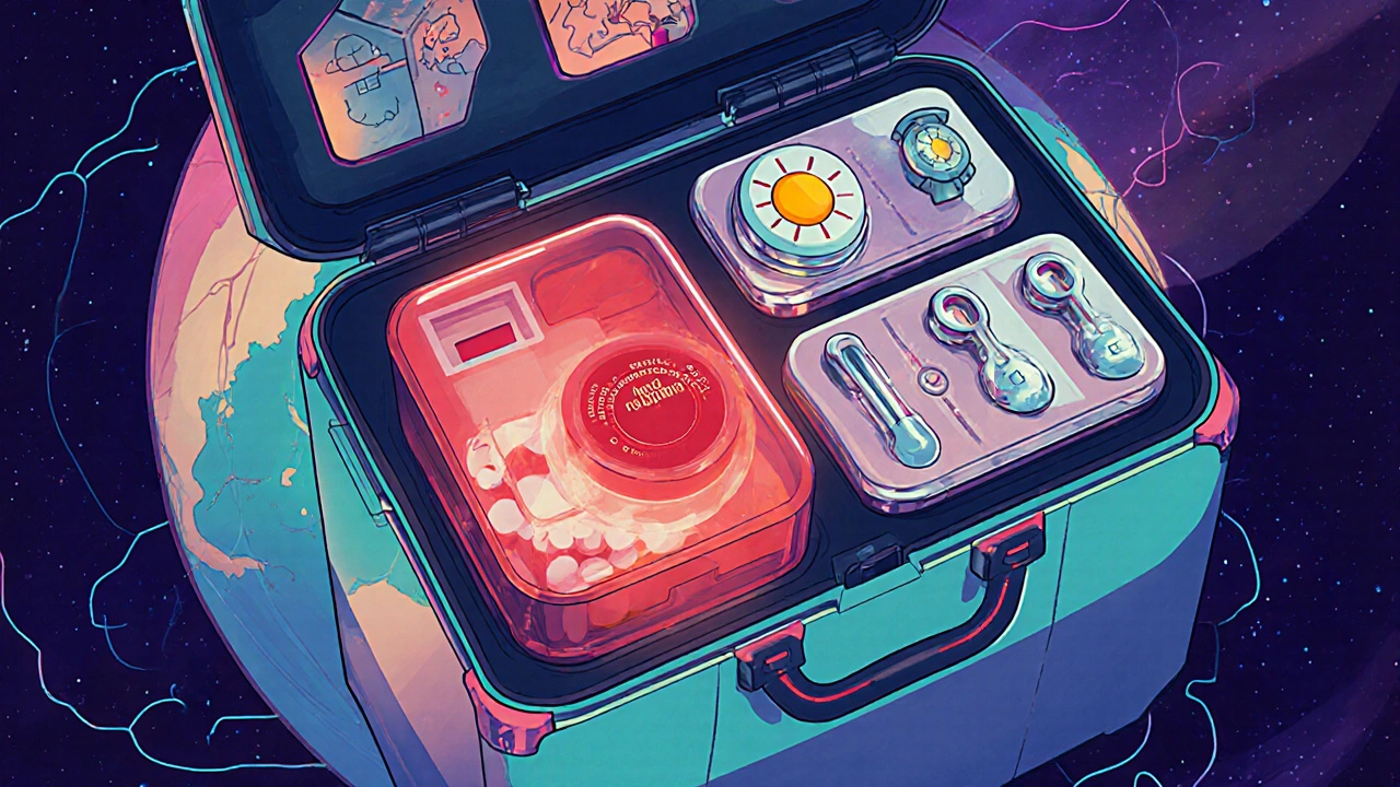 A futuristic suitcase reveals organized medication compartments with temperature and timer indicators.
